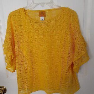 Ruby Rd.  Size Medium Petite Yellow Lace 2 Piece Blouse w/Short Ruffle Sleeves.